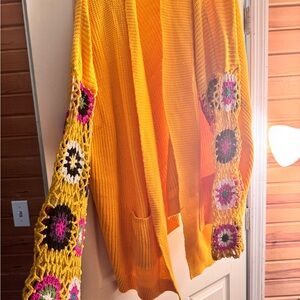 Yellow Crochet Sleeve Women's Sweater
